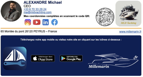 Signature email HTML professionnelle avec QR code et liens réseaux